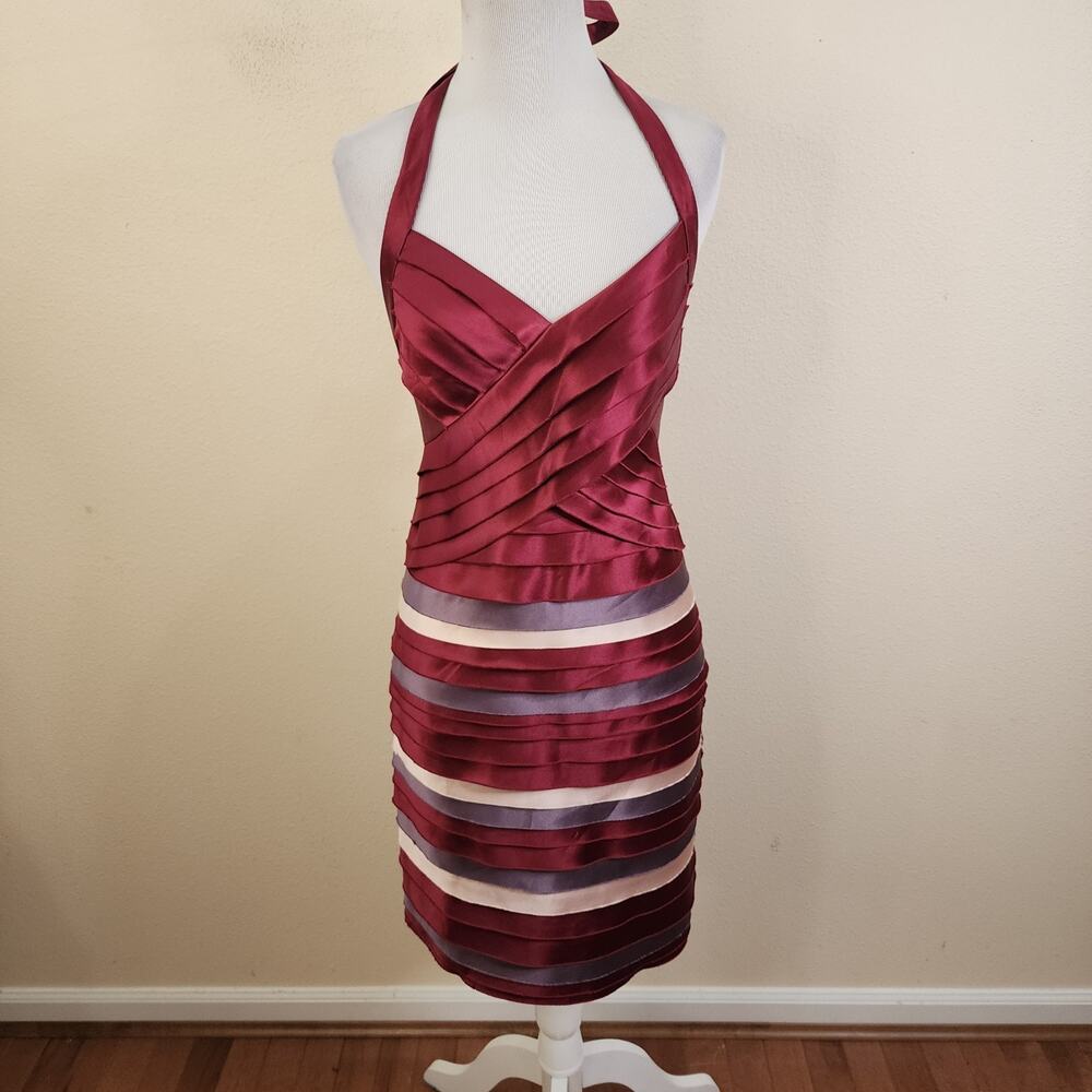 BCBG MAXAZRIA SATIN RUFFLE LAYERED HALTER DRESS SIZE 4 BURGUNDY GRAY BODYCON